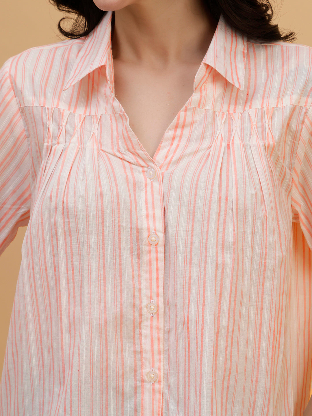 Women Camric Pink Striped Casual Regular Fit Shirt (W1812)