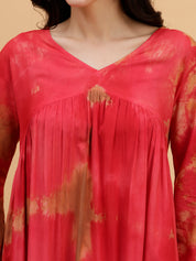 Women Hand Tie & Dye Red Rayon A-Line Dress (W1803)