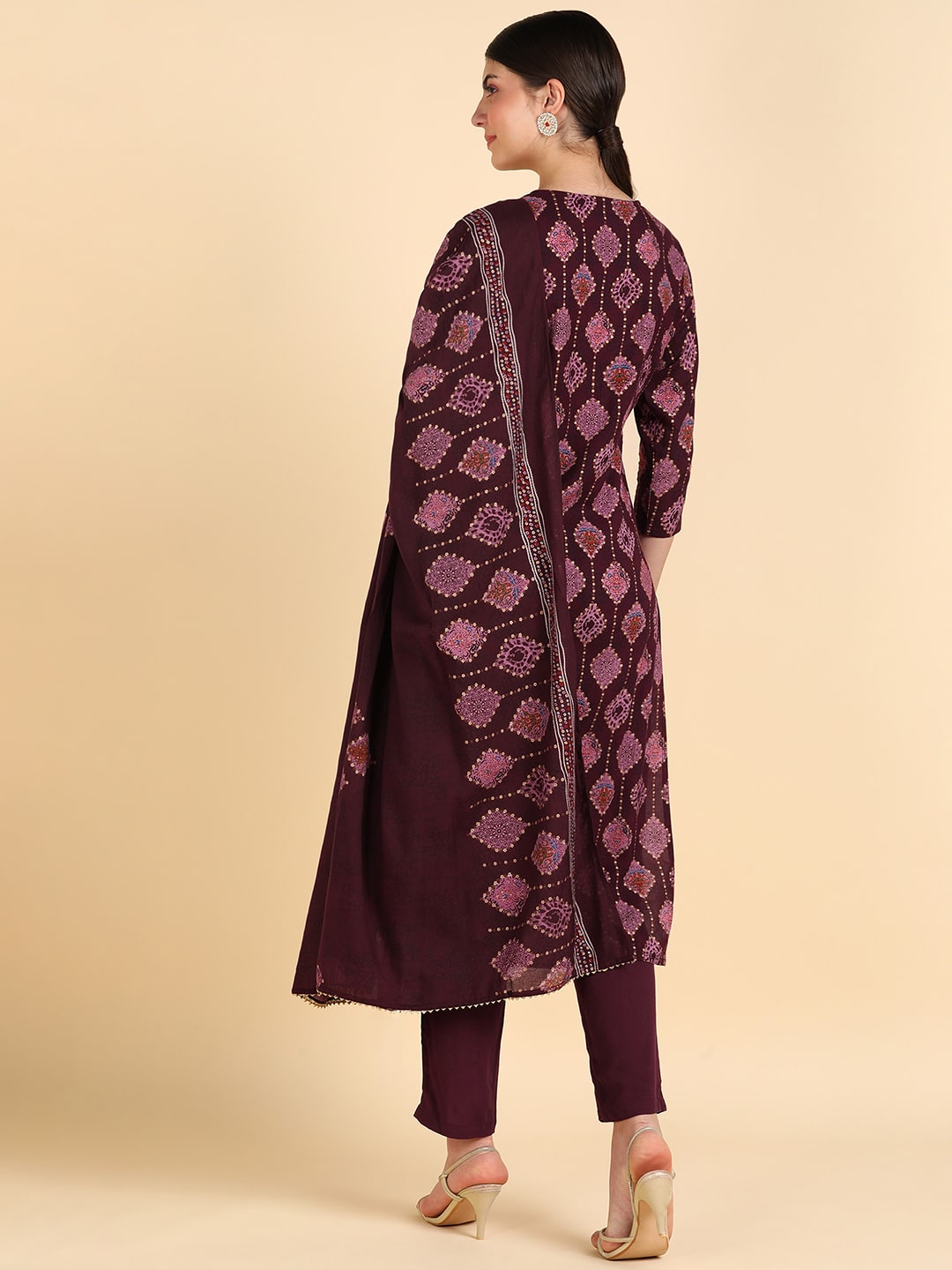 Discharge Print Wine Rayon Adda Work Suit Set With Dupatta (W1407)