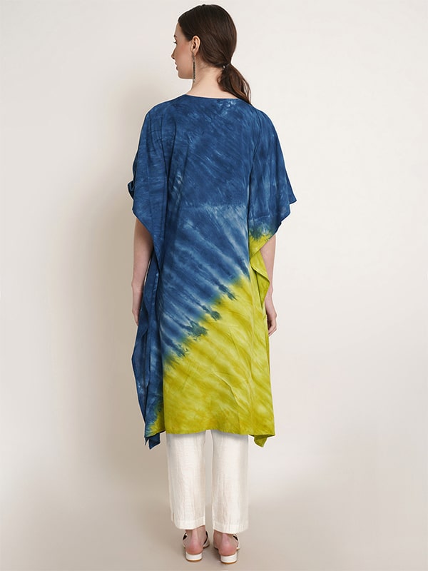 Green & Blue Tie Dye Embroidery Work Rayon Staple Kaftan Kurta (W1383)