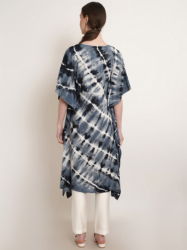 Black Bandhej Tie Dye Embroidery Work Rayon Staple Kaftan Kurta (W1380)