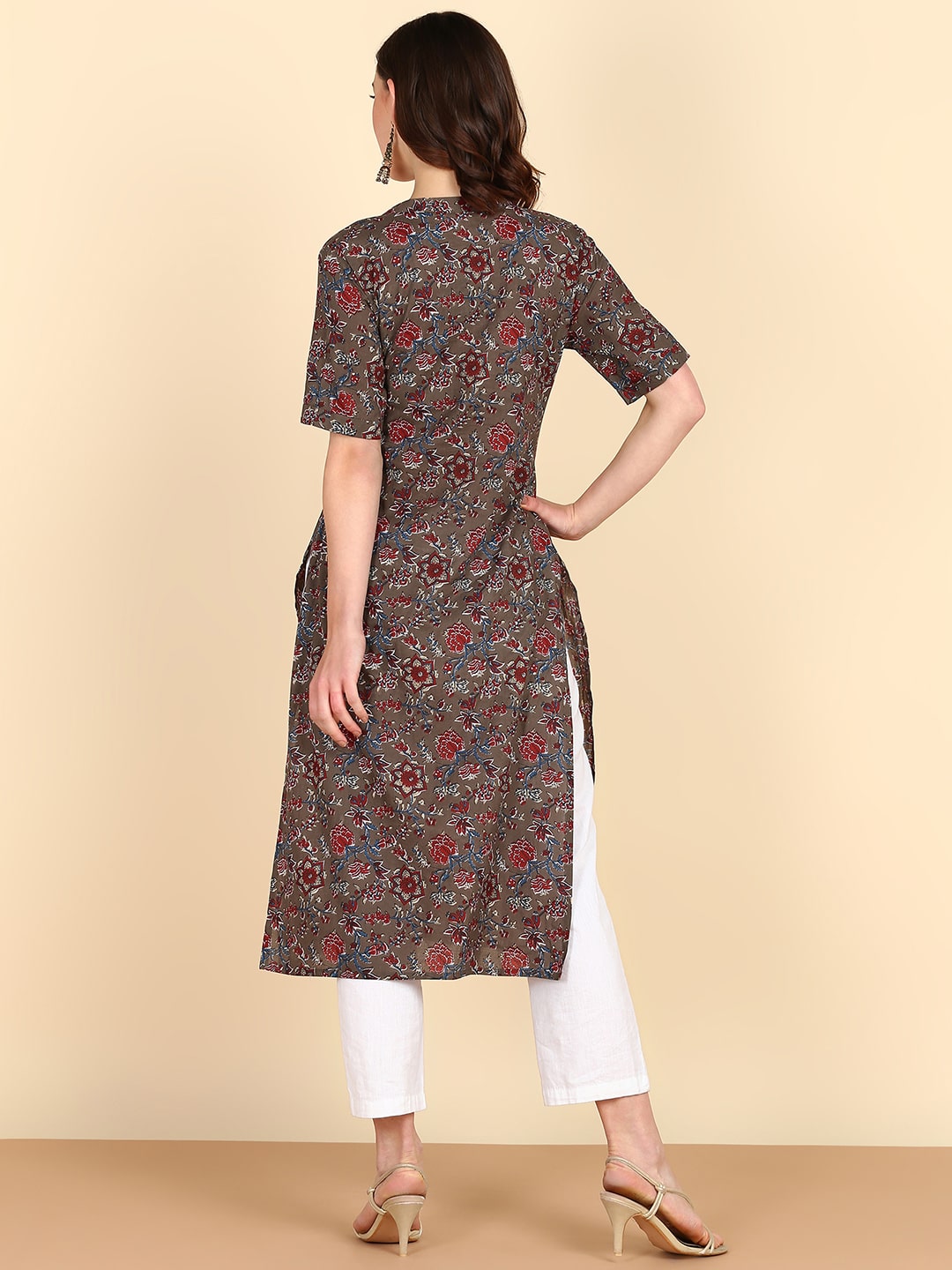 Pure Cotton Floral Printed Brown Flared Kurta (W1230)