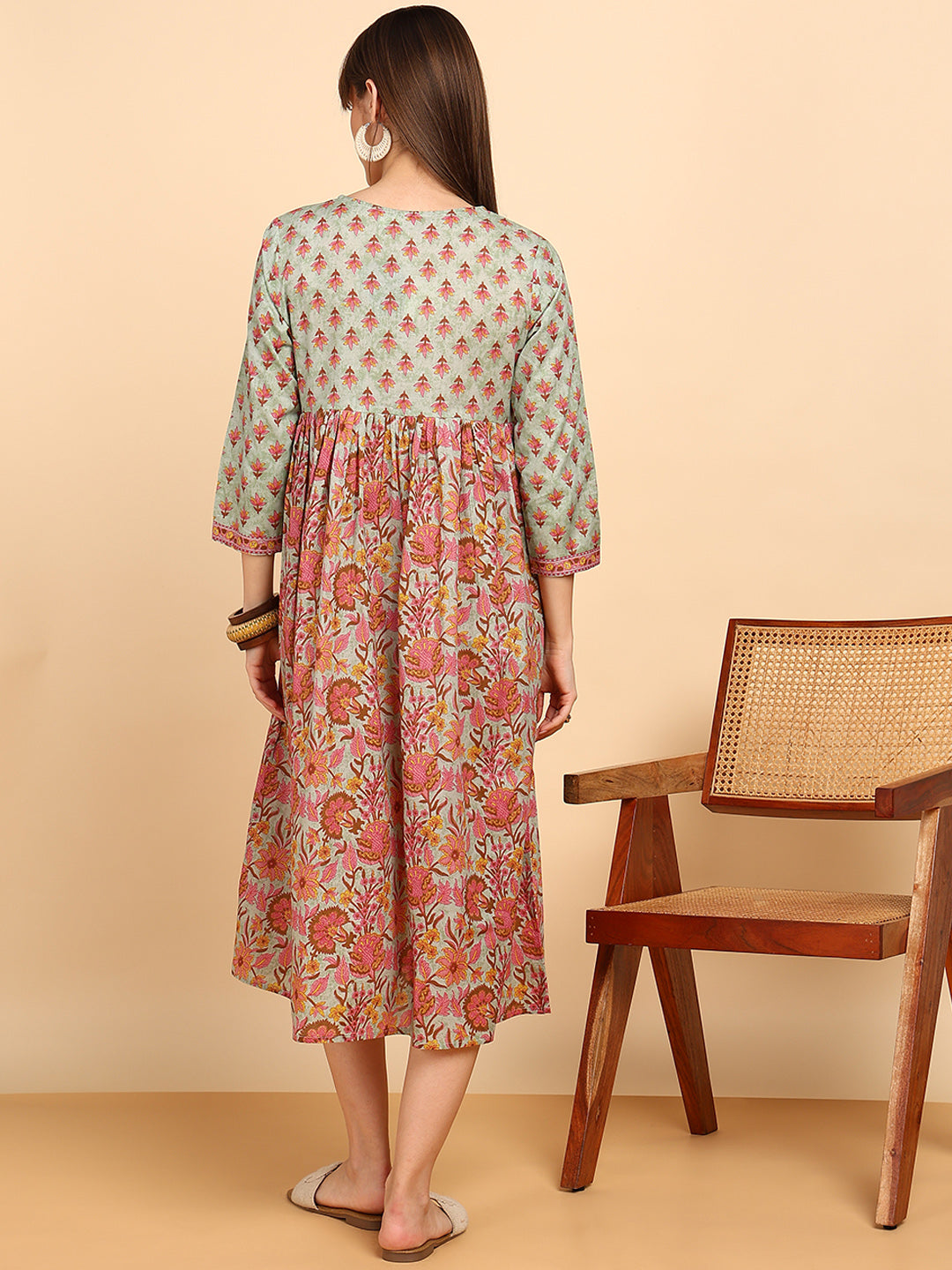 Women Cotton Floral Printed Flared/A-Line Dress (W1779)