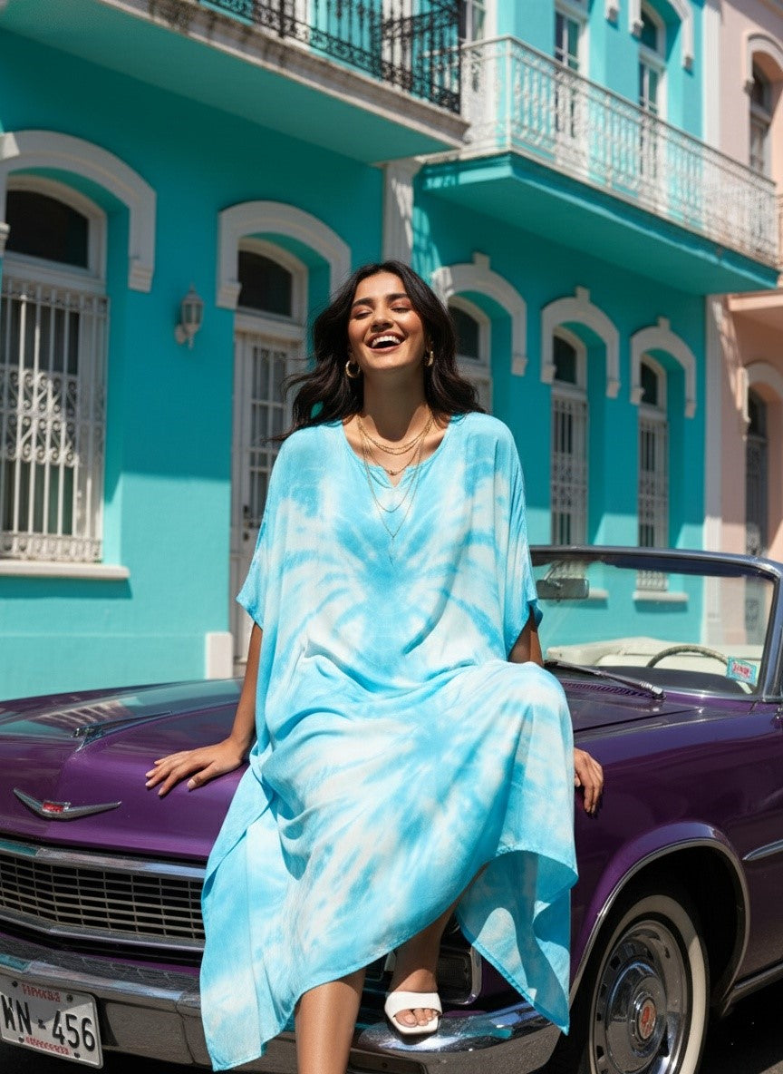 Rayon Crepe Hand Dyed Tie Dye Blue Kaftan Dress (W1188)