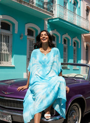 Rayon Crepe Hand Dyed Tie Dye Blue Kaftan Dress (W1188)