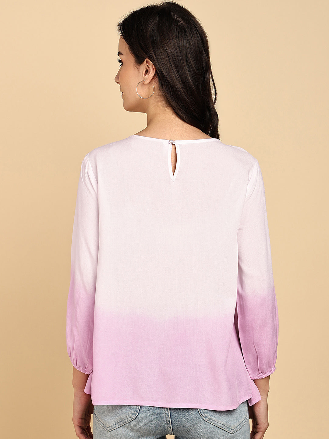 Women Casual Rayon Staple Tie & Dye Round Neck 3/4 Sleeves Regular Fit Top (W1717)