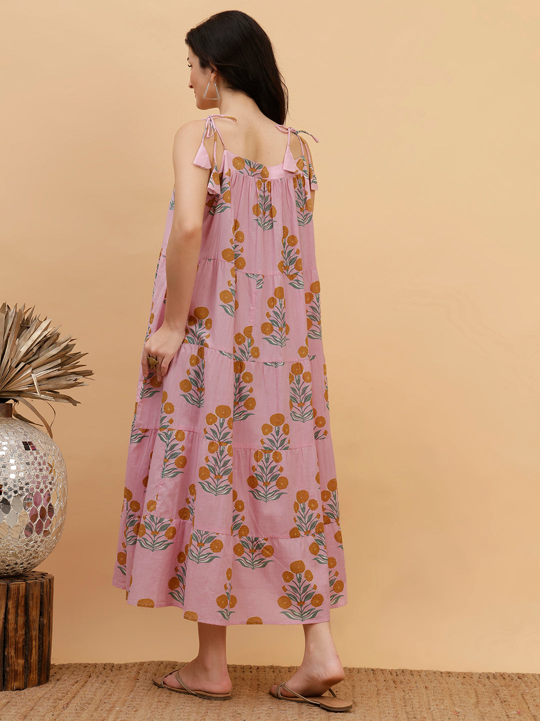 Women Pink Floral Printed Camric A-Line Dress (W1815)