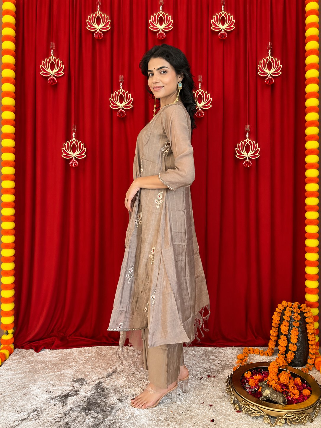 Maaesa Luxe Brown Mulchanderi Festive Kurta Set | Kurta Bottom Dupatta (W10002)