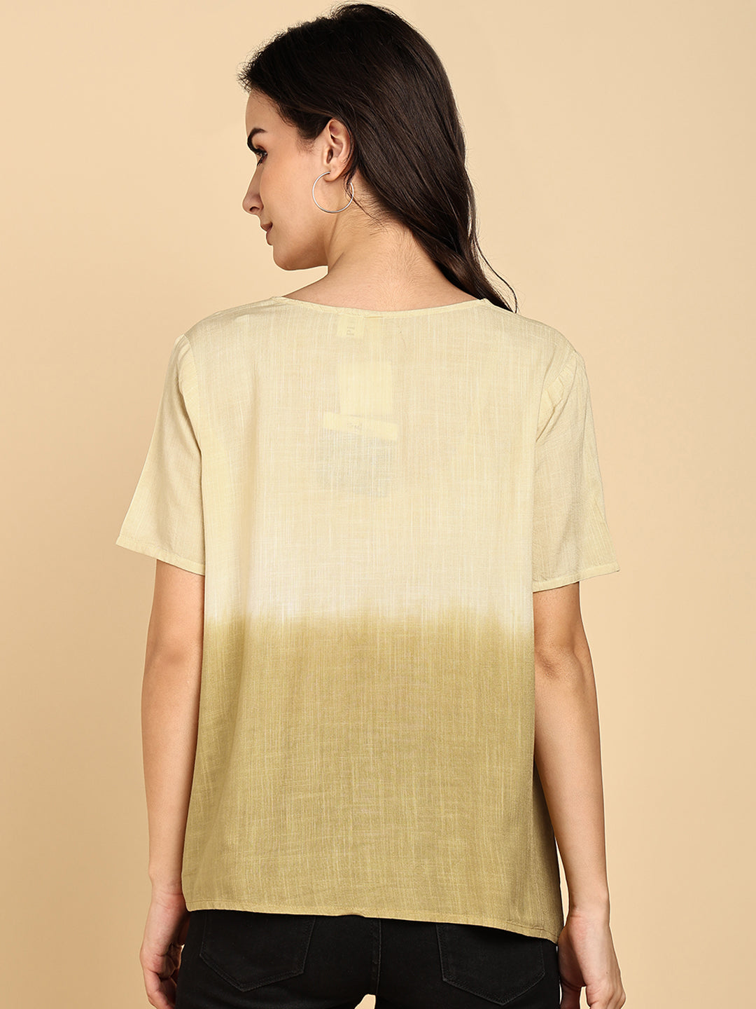 Women Casual Rayon Slub Tie & Dye V-Neck Short Sleeves Regular Fit Top (W1685)