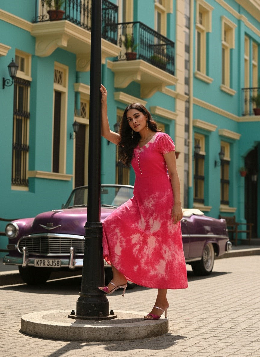 Rayon Fuchsia Tie Dye Flared Dress (W1281)