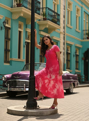 Rayon Fuchsia Tie Dye Flared Dress (W1281)