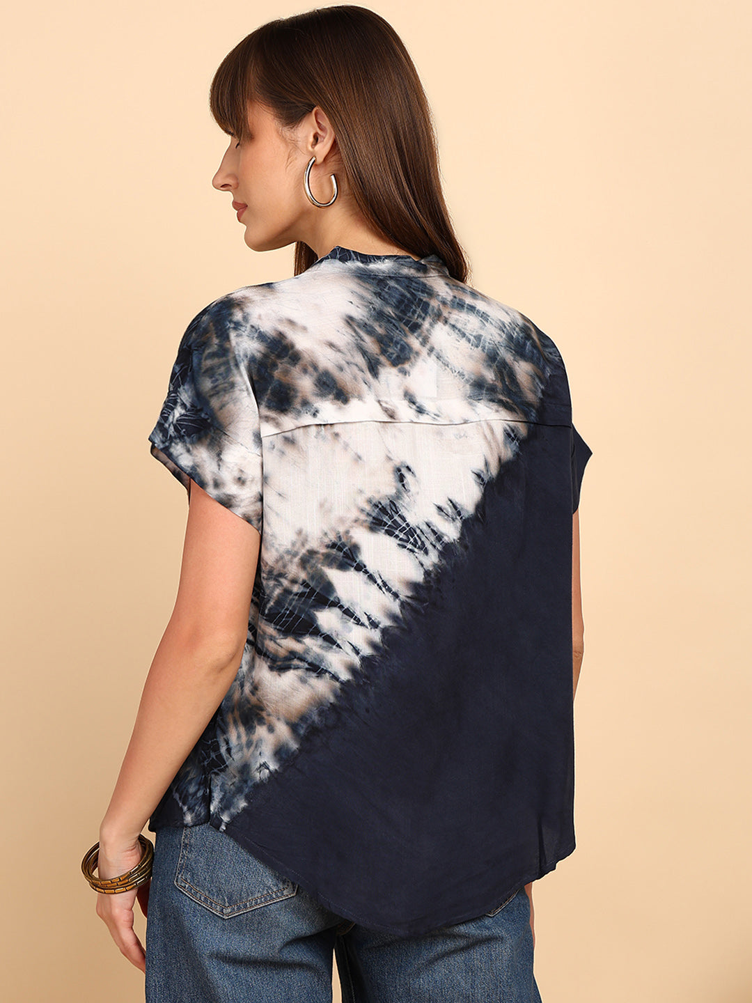 Women Rayon Slub Tie & Dye Mandarin Collar Regular Fit Top (W1771)