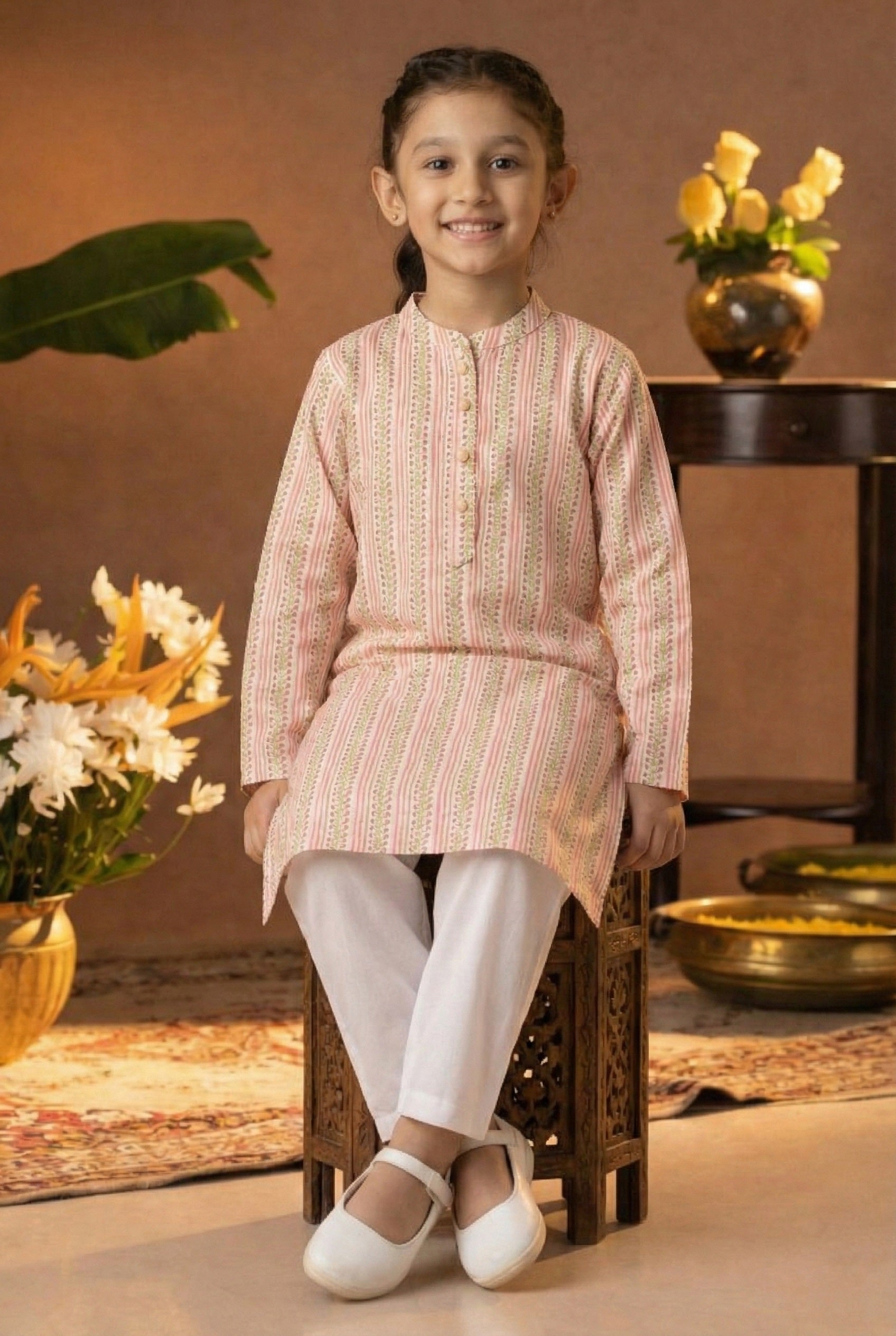 Printed Cotton Kurta Pyjama Set For Girls (K1052)