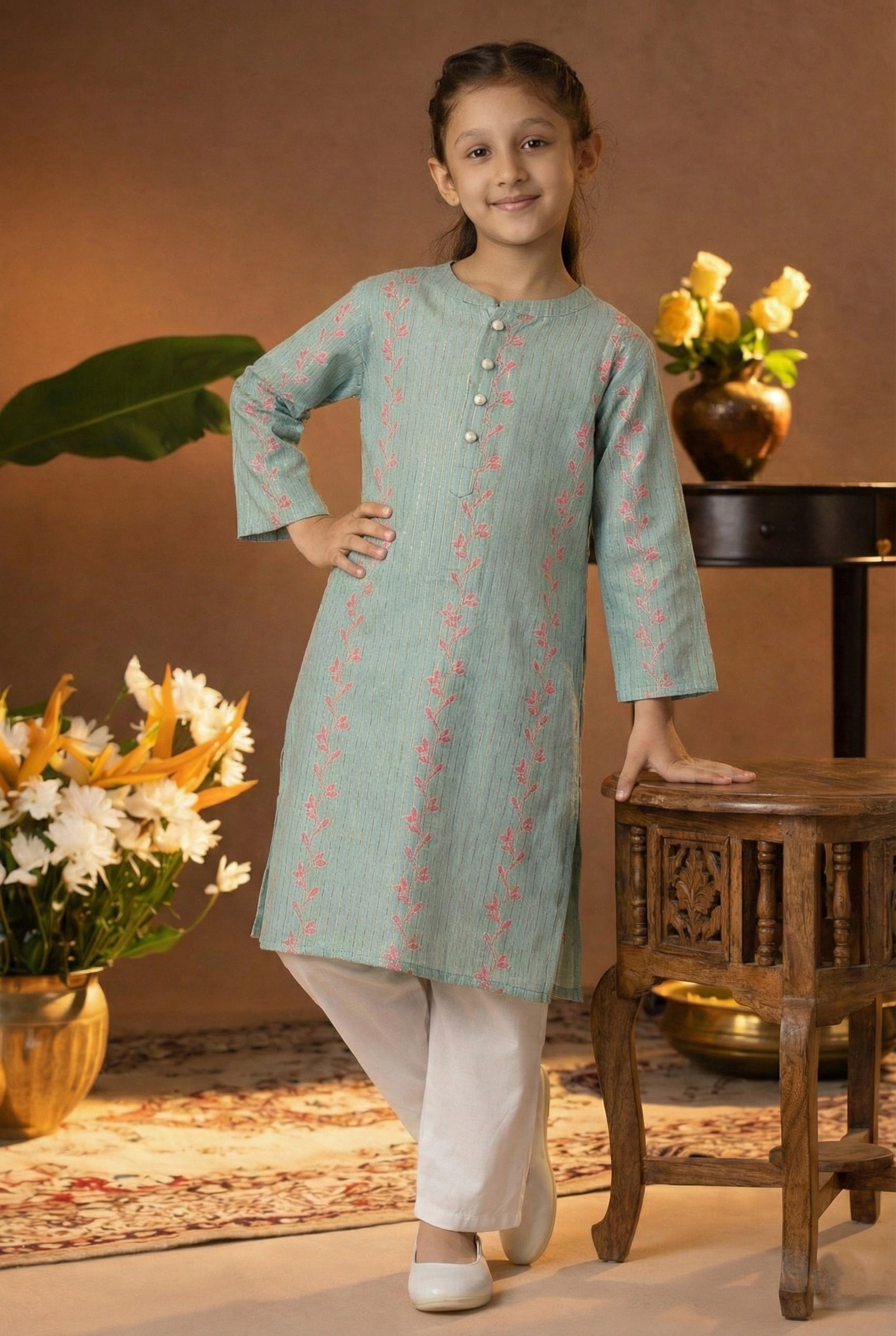 Printed Cotton Kurta Pyjama Set For Girls (K1051)