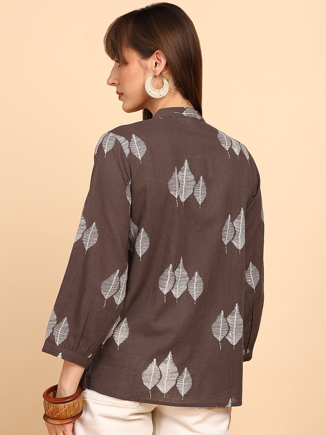Women Cotton Slub Printed Mandarin Collar Regular Fit Shirt (W1766)