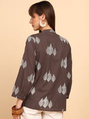 Women Cotton Slub Printed Mandarin Collar Regular Fit Shirt (W1766)