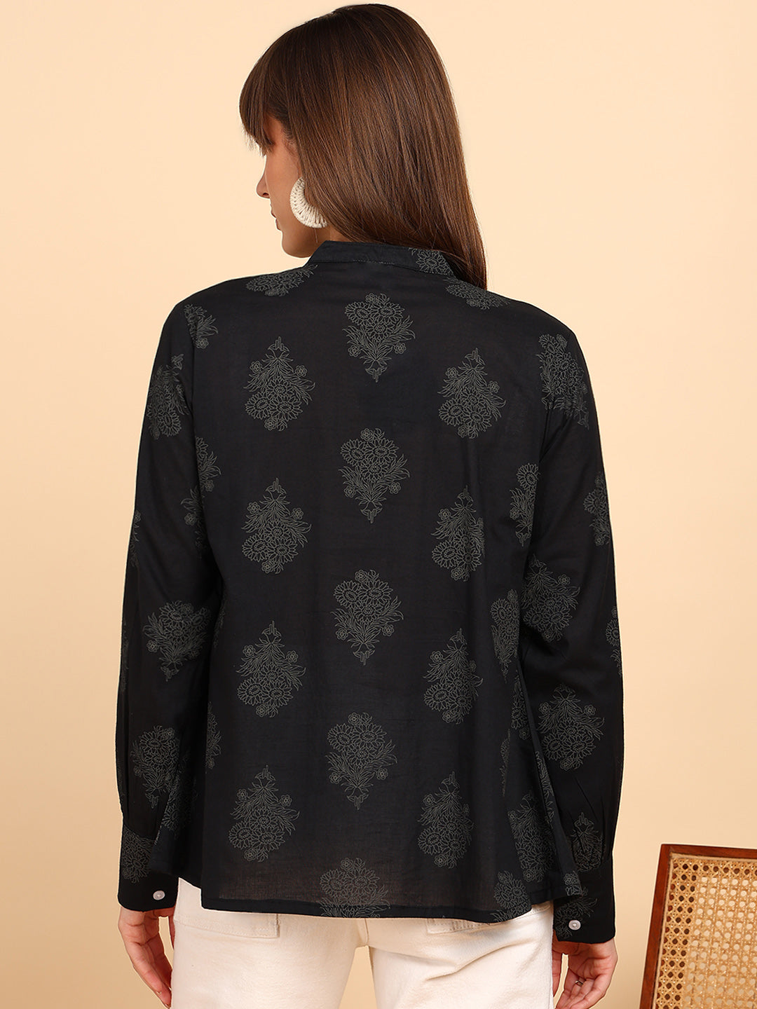 Women Cotton Printed Mandarin Collar Regular Fit Shirt (W1764)