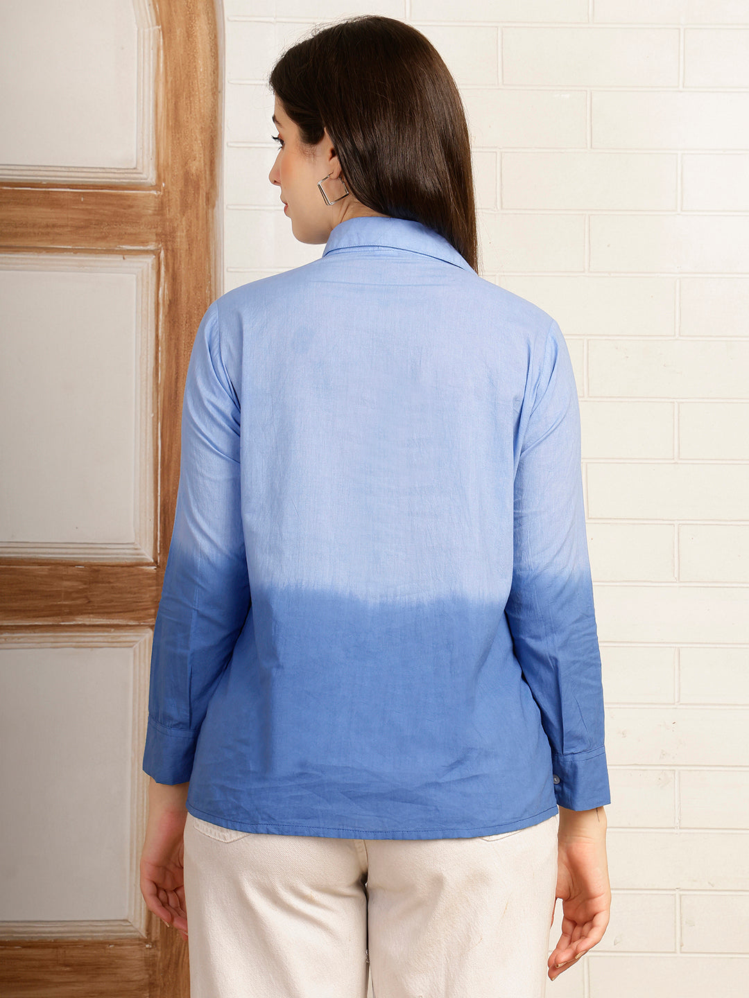 Women Blue Embellished Tie & Dye Camric Casual Shirt (W1823)
