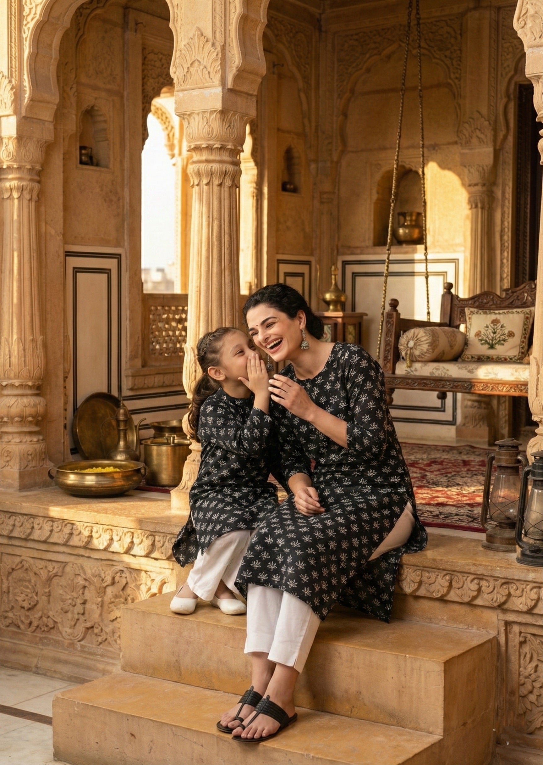 Women Printed Straight Kurta With Matching Girl Kurta Pyjama Set Mother Daughter Combo For Women & Girls (COMBO9032)