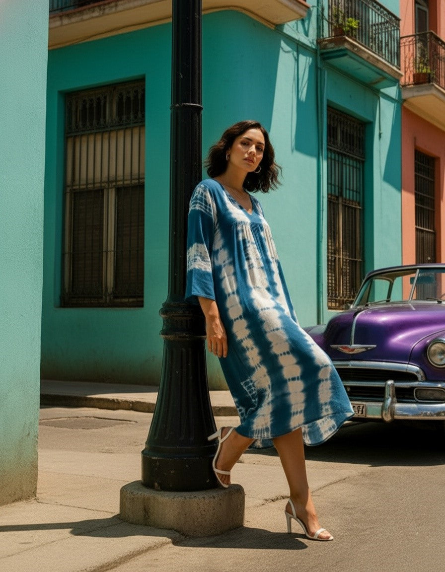 Women Handmade Dyed Rayon Flared Blue Dress (W1599)