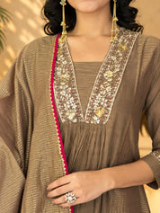 Jaipurhues Luxe Brown Crepe Tissue Festive Kurta Set | Kurta Bottom Dupatta (W10003)