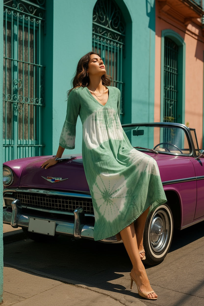 Women Handmade Floral Print Rayon Flared Light Green Dress (W1600)