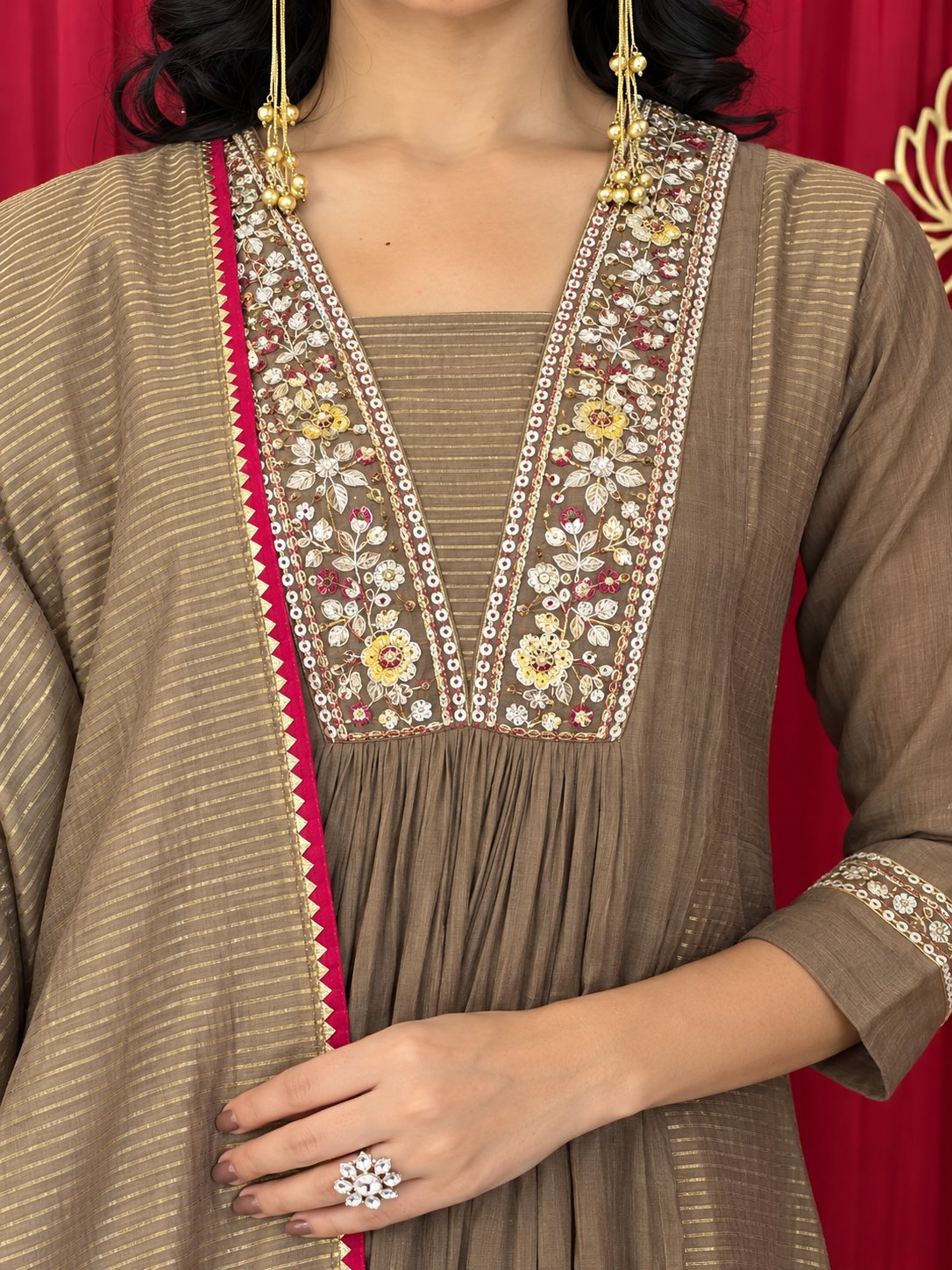 Maaesa Luxe Brown Crepe Tissue Festive Kurta Set | Kurta Bottom Dupatta (W10003)