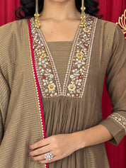 Maaesa Luxe Brown Crepe Tissue Festive Kurta Set | Kurta Bottom Dupatta (W10003)