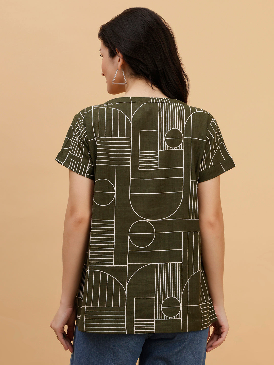 Women Green Cotton Printed Casual Top (W1793)