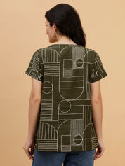 Women Green Cotton Printed Casual Top (W1793)