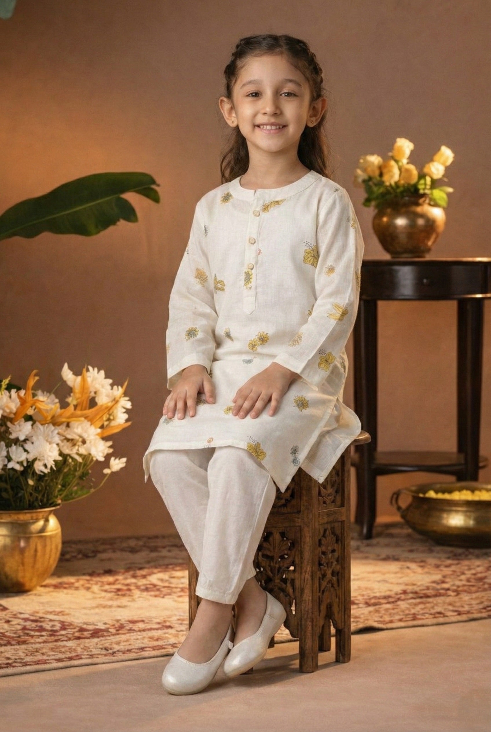 Printed Cotton Kurta Pyjama Set For Girls (K11086)