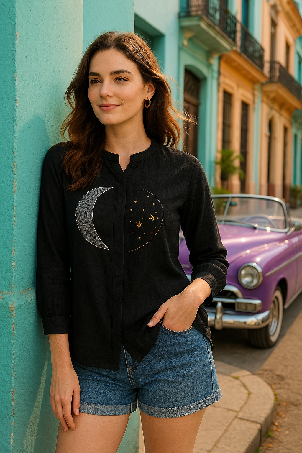 Black Tie-Dye Crepe Loose Fit Shirt (W1560)