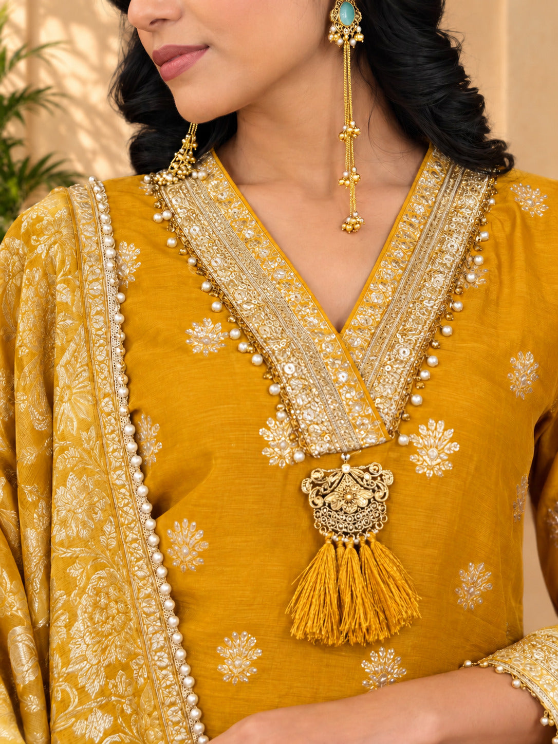 Jaipurhues Luxe Mustard Banarasi Silk Festive Kurta Set | Kurta Bottom Dupatta (W10007)