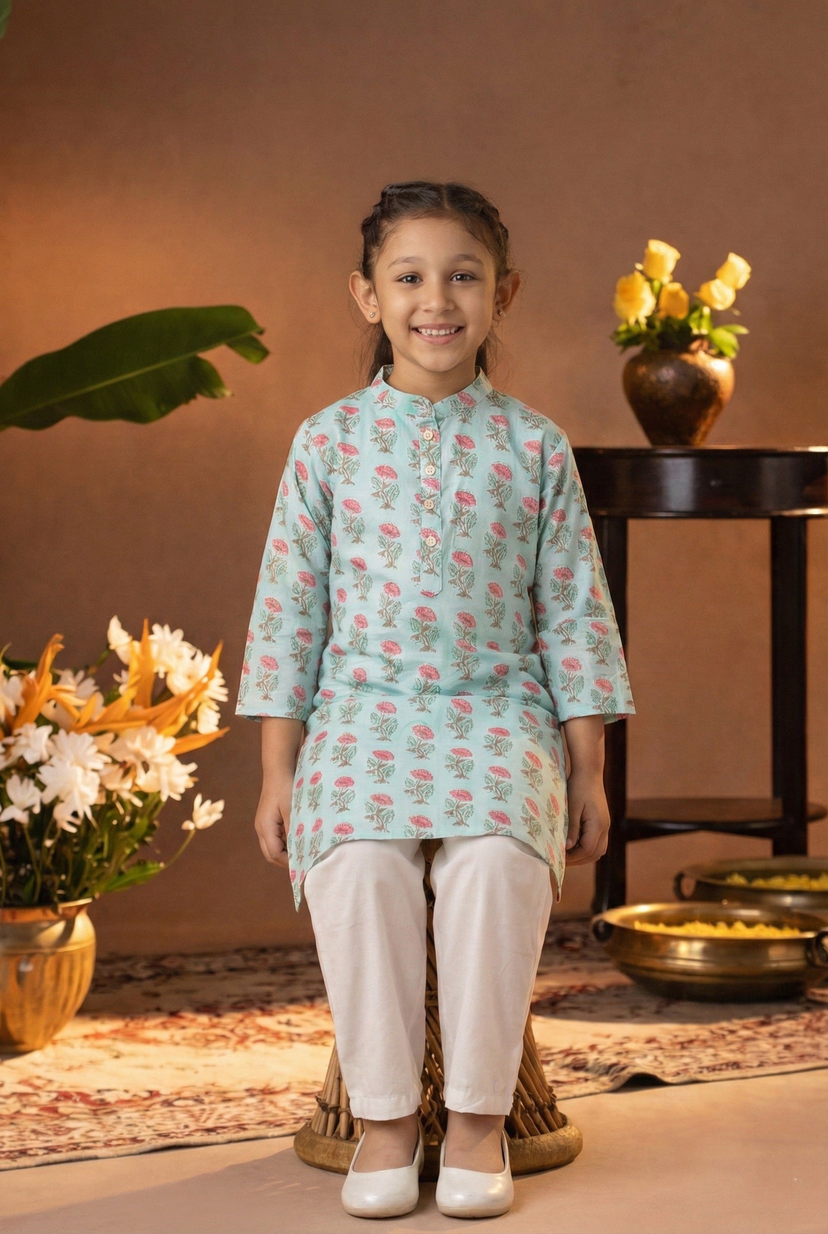 Printed Cotton Kurta Pyjama Set For Girls (K1055)