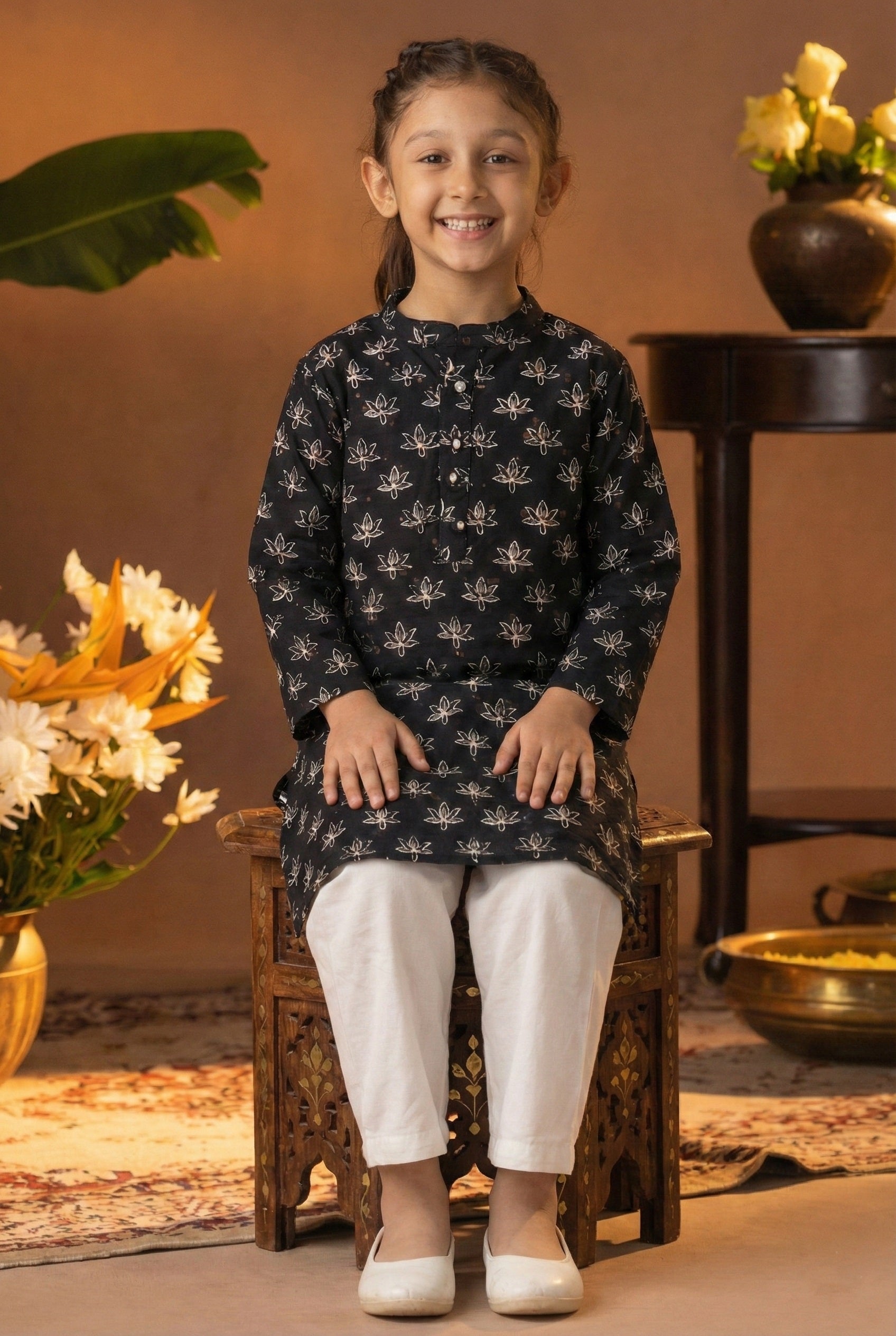 Printed Cotton Kurta Pyjama Set For Girls (K11083)