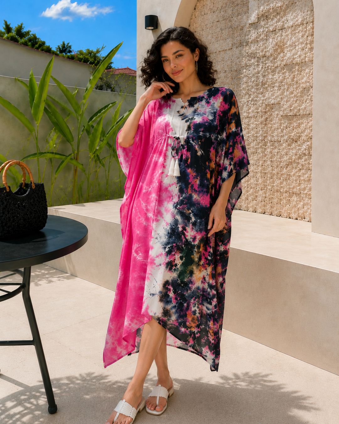 Women Hand Tie & Dye Rayon Crepe Kaftan (W1233)