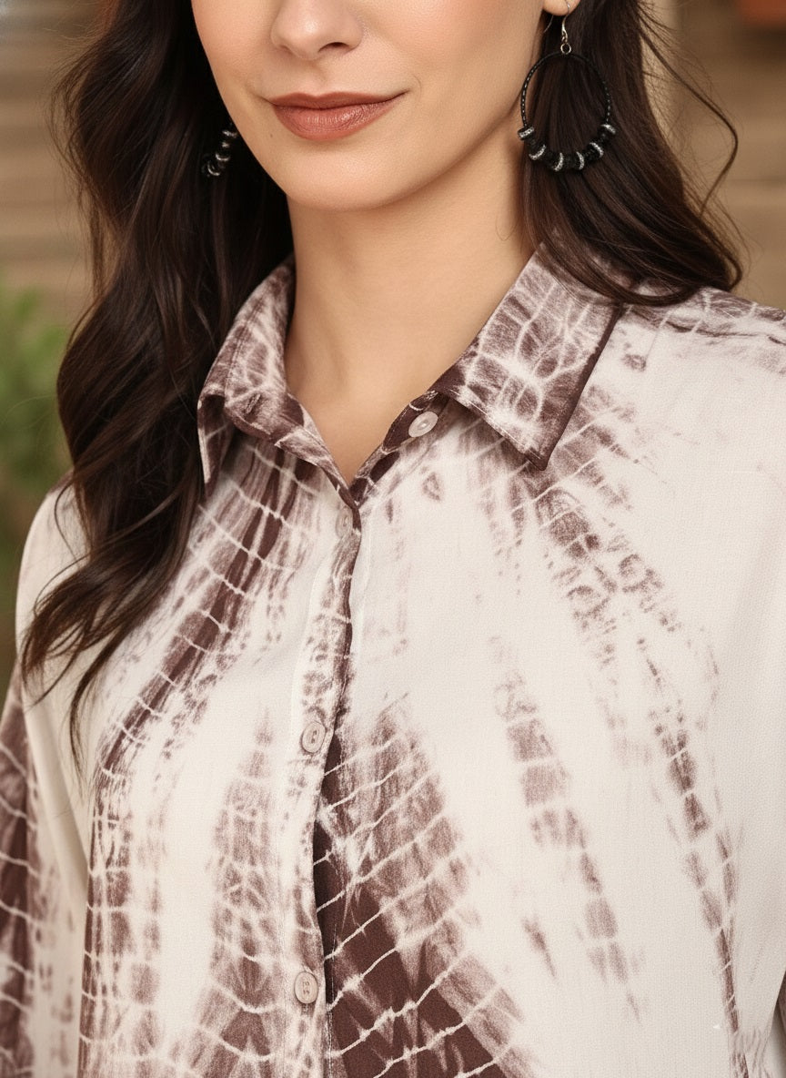 Women Casual Rayon Staple Tie & Dye Spread Collar Full Sleeves Relaxed Fit Shirt (W1691)