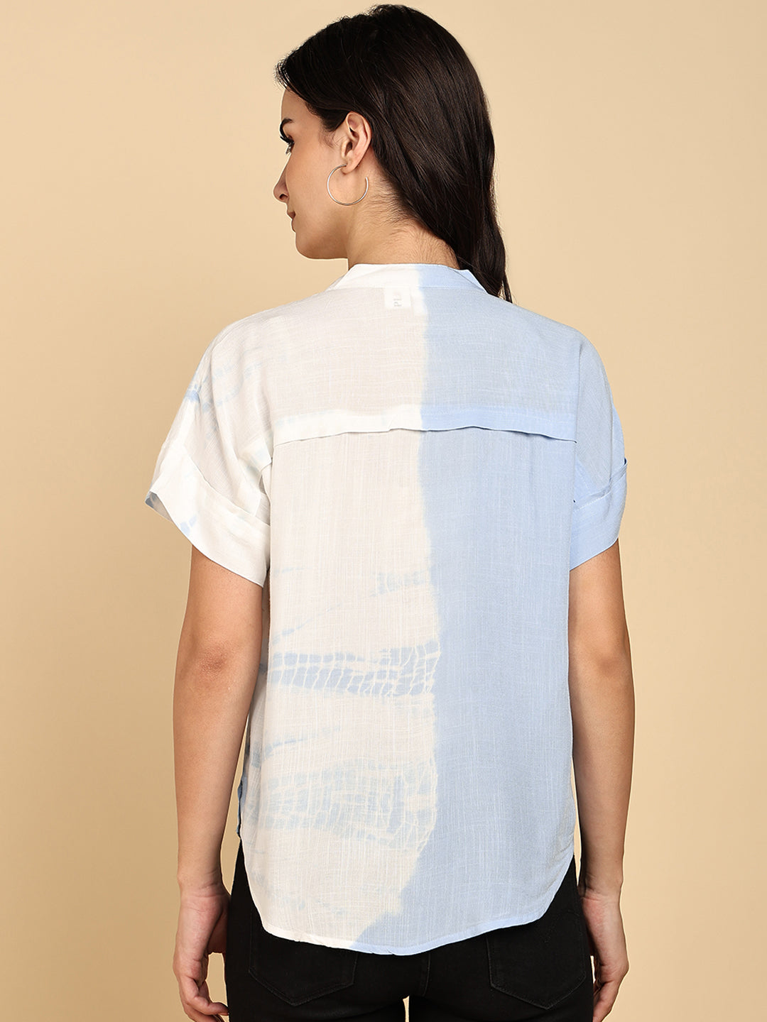 Women Casual Rayon Slub Tie & Dye Mandarin Short Sleeves Regular Fit Top (W1700)