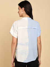 Women Casual Rayon Slub Tie & Dye Mandarin Short Sleeves Regular Fit Top (W1700)