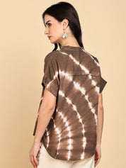 Women Casual Rayon Slub Tie & Dye Mandarin Short Sleeves Regular Fit Top (W1705)