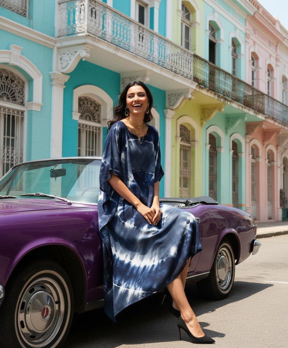 Rayon Hand Dyed Tie Dye Dark Blue Kaftan Dress (W1187)