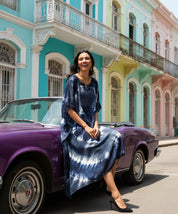 Rayon Hand Dyed Tie Dye Dark Blue Kaftan Dress (W1187)