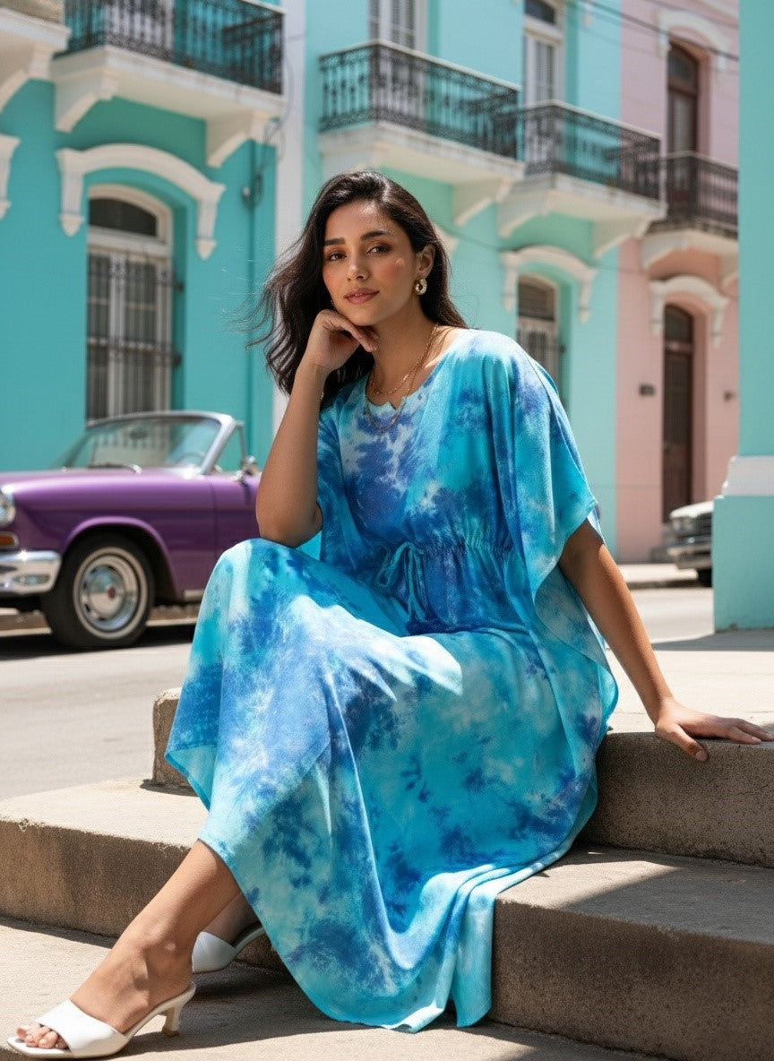 Rayon Hand Dyed Tie Dye Green Kaftan Dress (W1191)