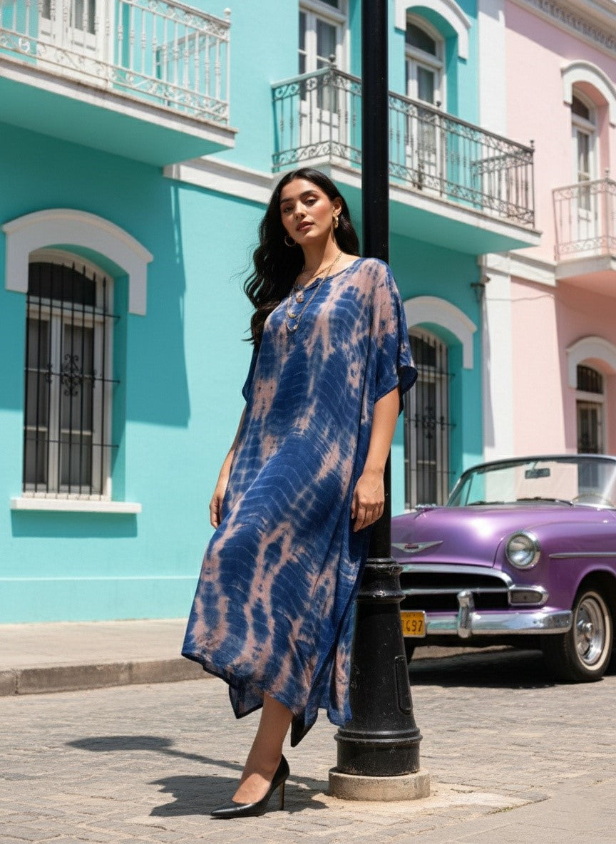 Women Rayon Tie & Dye Beige-Blue Kaftan Dress (W1206)