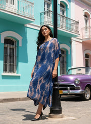 Women Rayon Tie & Dye Beige-Blue Kaftan Dress (W1206)