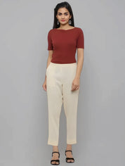 Women Off White Cotton Solid Casual Pant (W1053)