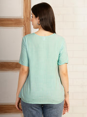 Women Aqua Blue Solid Rayon Casual Top (W1785)