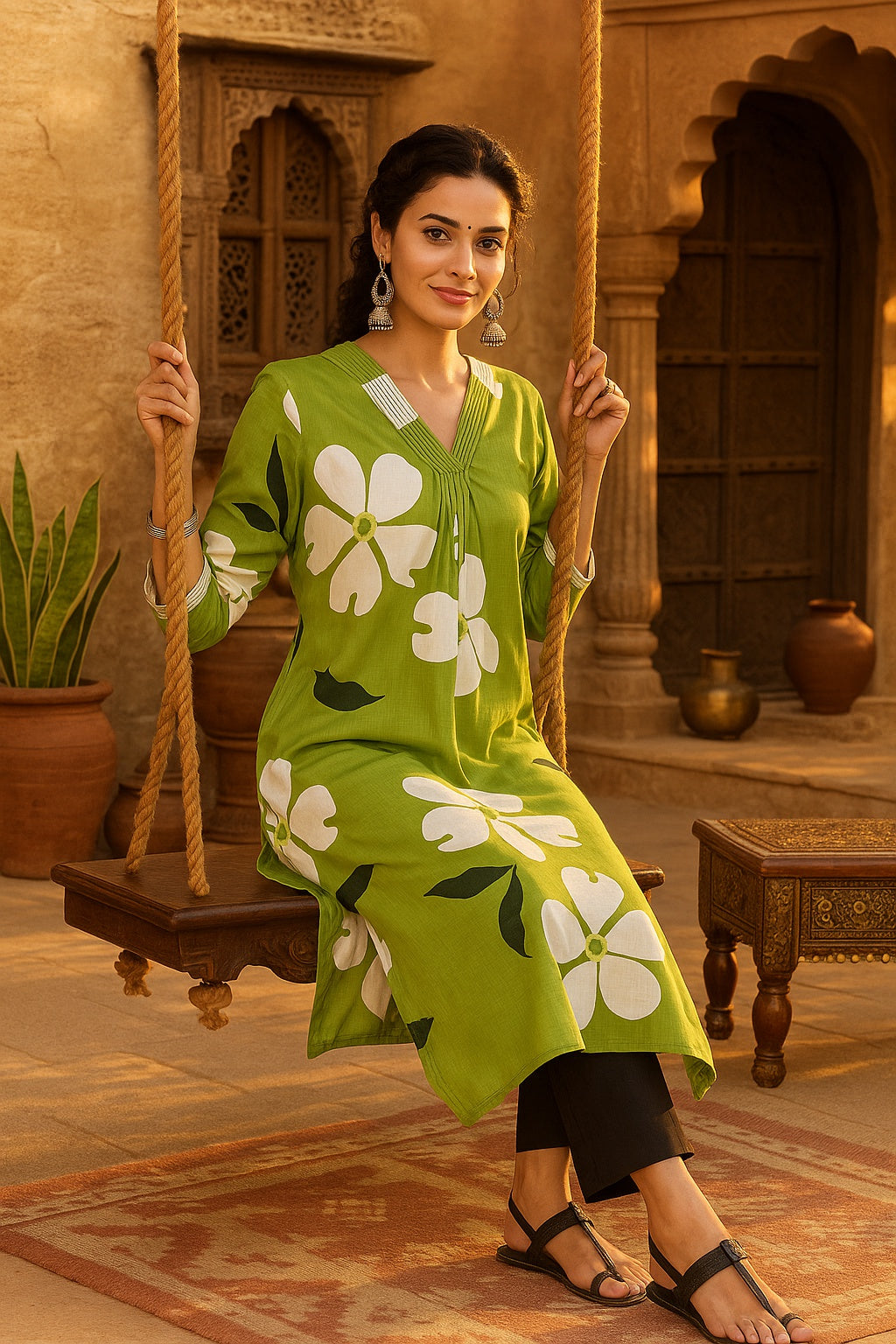 Women Handmade Geometric Pure Cotton Straight Light Green Kurta (W1589)