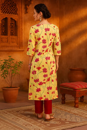 Women Handmade Floral Pure Cotton Straight Yellow Kurta (W1584)