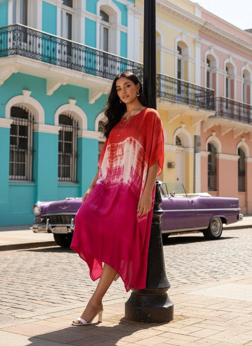 Rayon Crepe Tie Dye Brown Kaftan Dress (W1189)